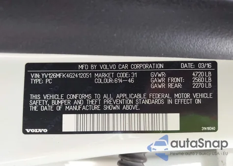 2016 Volvo S60 Premier из США, поврежденный, VIN YV126MFK4G2412051